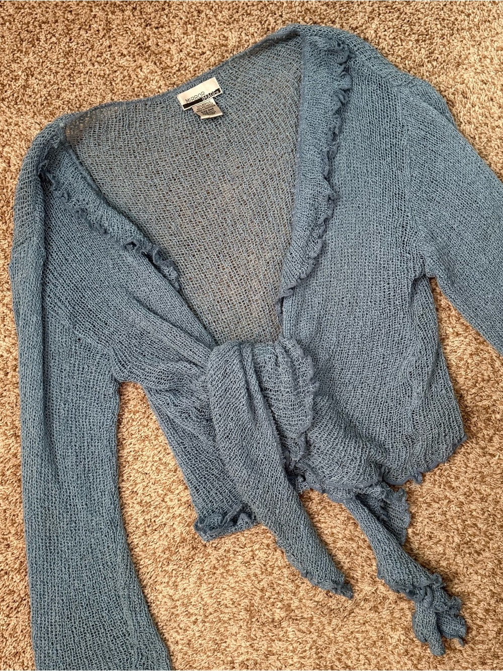 Dusty Blue Tie-Front Ruffle Knit Cardigan